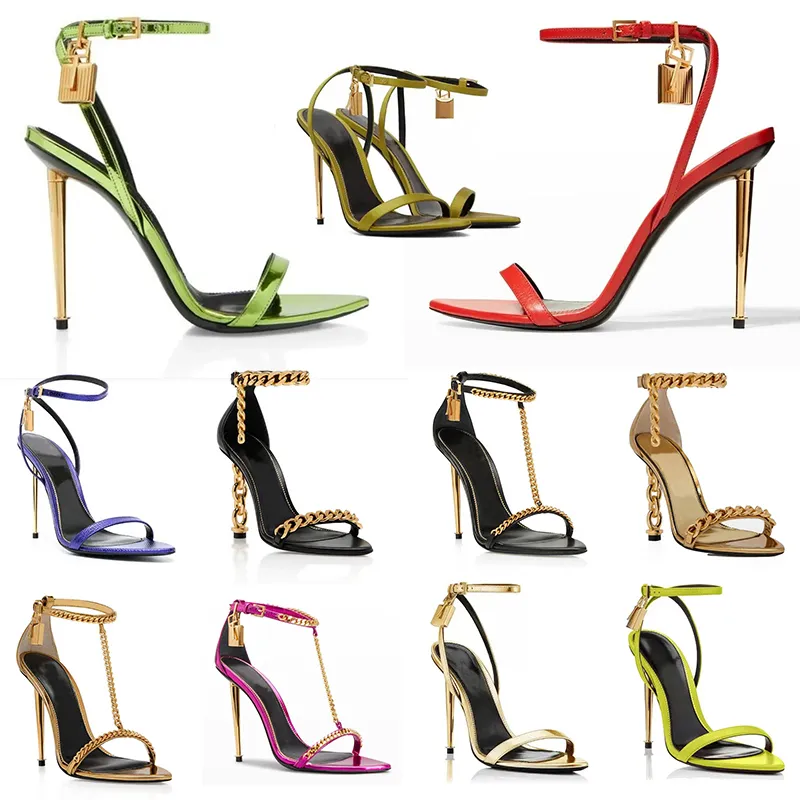 Ankle Tomlies fordlies Luxury SANDAL Woman sandals high heels f-sandal Shiny genuine Leather Padlock Pointy toe Naked Sandalies 100mm gold heels strap