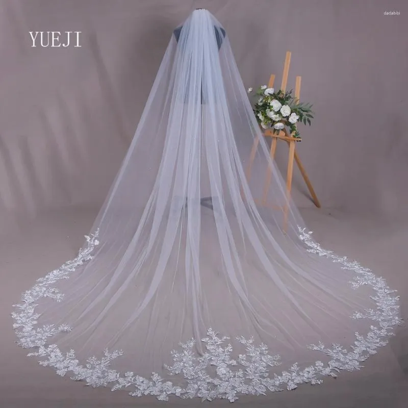 Bruids sluiers yueji kanten bloem gebladerte rand sluier met strass glitter luxe kathedraal geborduurd yj206