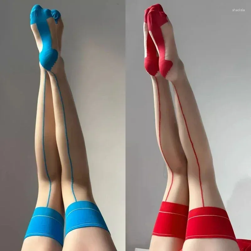 Vrouwen sokken contrast kleur ribgsnip rand dij hoge kousen retro cubaanse hiel achter naad media 10d ultra dun transparant ondergoed