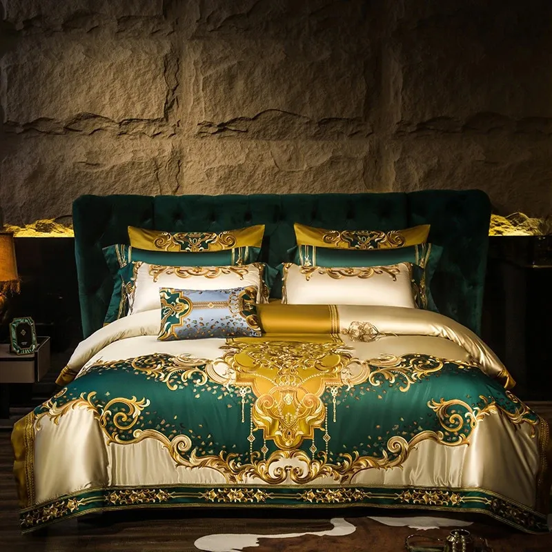 Luksusowe hafty kołowy zestaw łóżka 1400TC bawełniany kołdrę Silkly zestaw pościeli