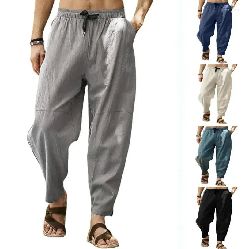 Spodnie męskie małże spodnie luźne swobodne spodnie dresowe bawełniane i lniane sznurka Hip-hop Latarn Feet Men Mężczyźni