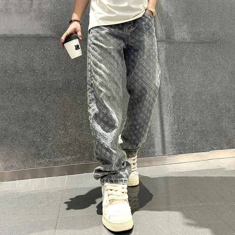 Jacquard Pattern Denim Pants 남성을위한 고민 넓은 청바지 남성 똑 바른 헐렁한 바닥 240415