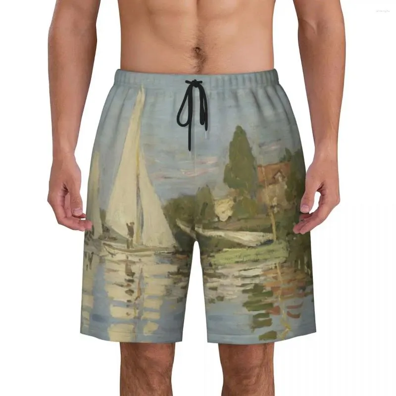 Men's Shorts Regattas At Argenteuil By Claude Monet Print Swim Trunks Quick Dry Swimwear Beach Board French Art Boardshorts