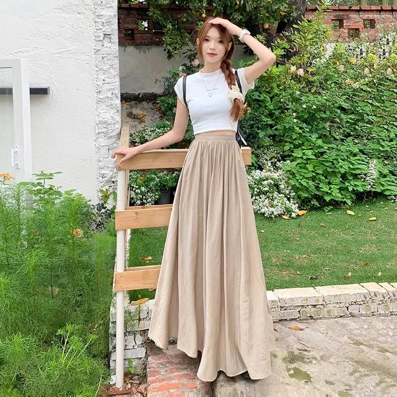 Skirts 2024 Summer Thin Pleated Skirt Women Korean Fashion Half Body Apricot Womens Clothing High Waisted Long