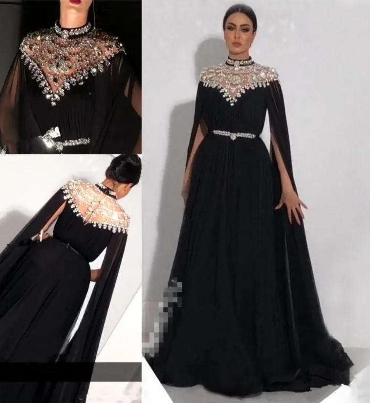 Cristais de tamanho grande Kaftan baile vestidos de mangas compridas capacadas yousef aljasmi pescoço alto preto chiffon de chiffon árabe vestidos de noite formal8888219