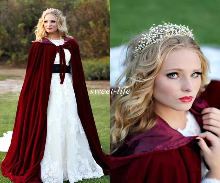 Burgundy vintage Burgundy Velvet Snow Winter Wedding Bridal Maglo da sposa 2020 Lunghezza senza maniche per pavimento a buon mercato Cape Sciallio per la sposa Custo3408028