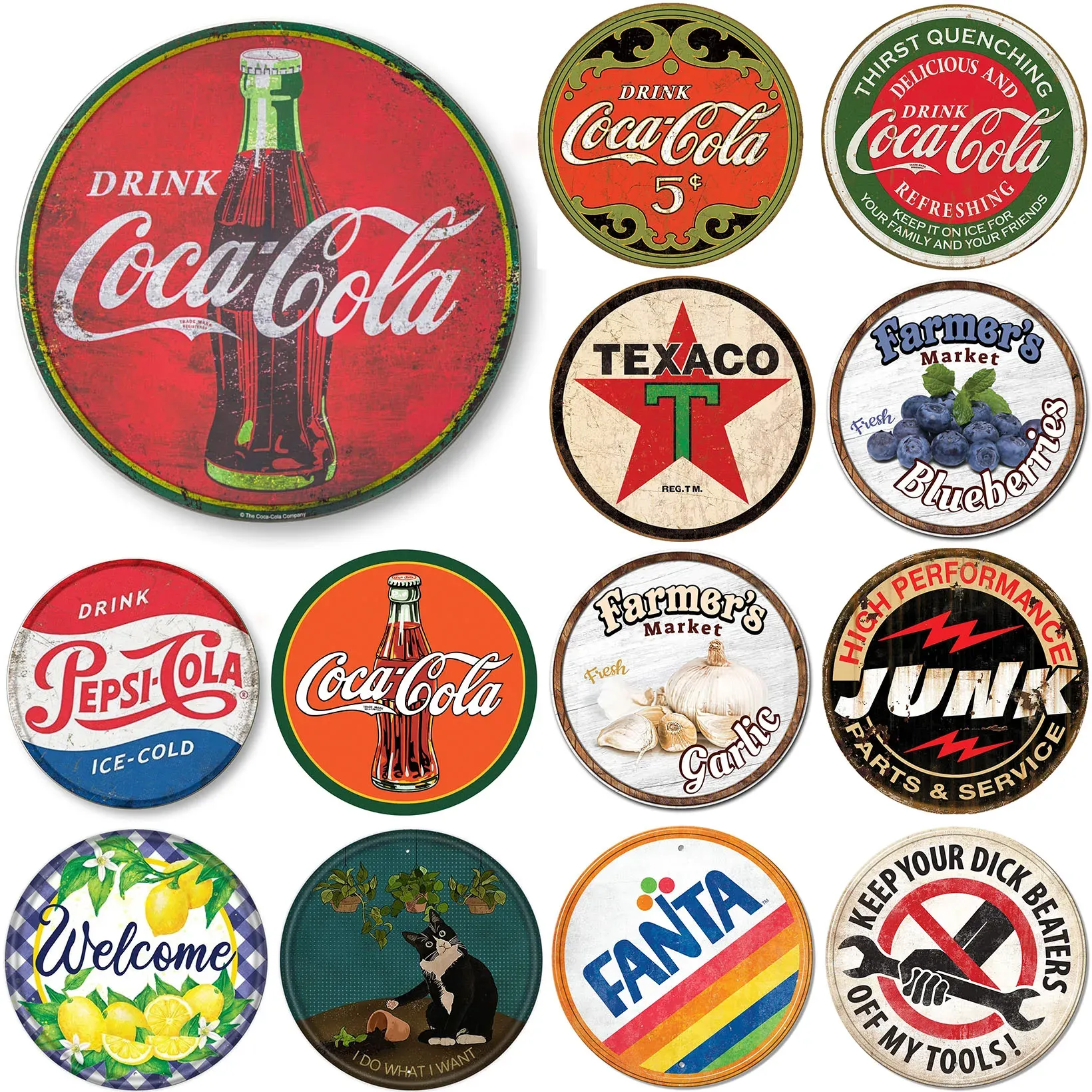 Décorations Round Metal Tin Sign Drink Cola Texaco Farmer's Market Vintage for Home Garden Kitchen Bar Club Cafe Restaurant Retro Wall Decor