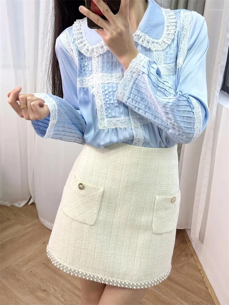 Kadınlar bluz Traff 2024 Kadın "Tatlı Fransız" Dantel Çırpılmış Uzun Kollu Gömlek Preslenmiş Pleats Age Niş Açık Mavi Üst