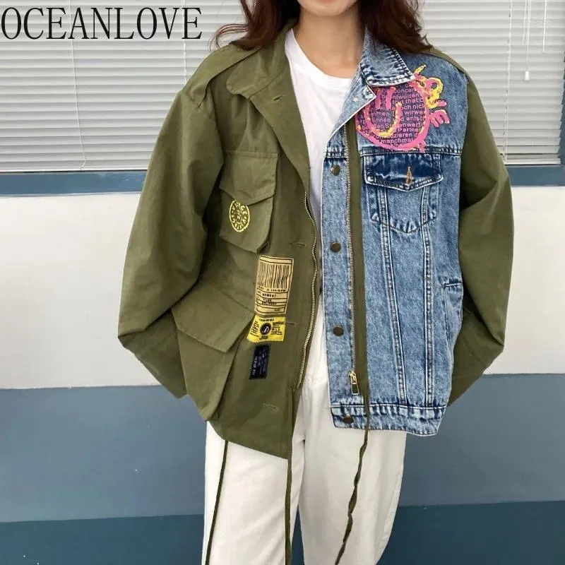 Женские куртки Oceanlove Denim для женщин, печатная контрастная цветовая весенняя осень, винтажные чакеты изливы мод