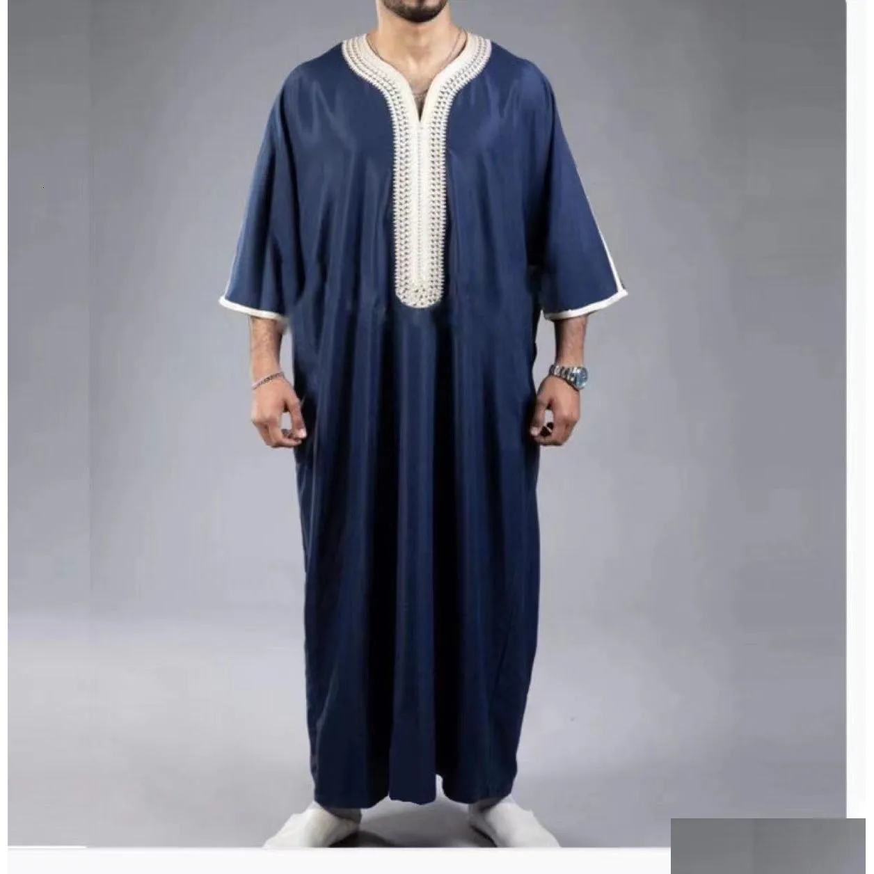 エスニック服の夏カフタンイスラム教徒の男性半袖刺繍ゆるい通気性カジュアルローブイスラムアバヤ230529ドロップデリバリーアパミオ