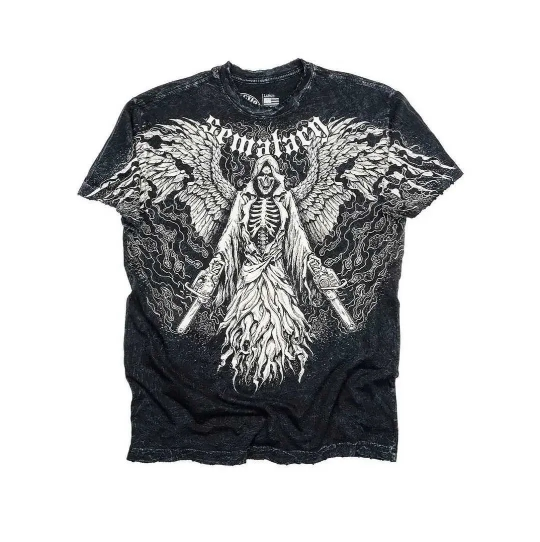 Herren T-Shirts Hip-Hop Gothic Print Round Neck Grafik T-Shirts für Männer Sommer Amerikaner Y2K Harajuku lässiges Paar T-Shirt Streetwear Topsl2403