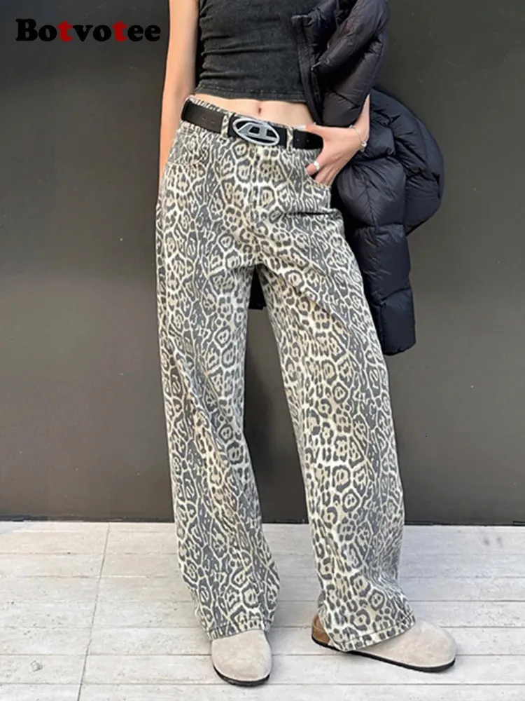 Stampa leopardo jeans Y2K per donne Luxury American retrò streetwear in stile coreano largo gamba larga oversize dritta 240416
