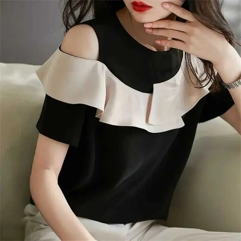 Women's Blouses Shirts Women Spring Summer Style Blouses Shirts Lady Casual off Shoulder O-Neck Short Slve Patchwork Blusas Tops MM0377 Y240426
