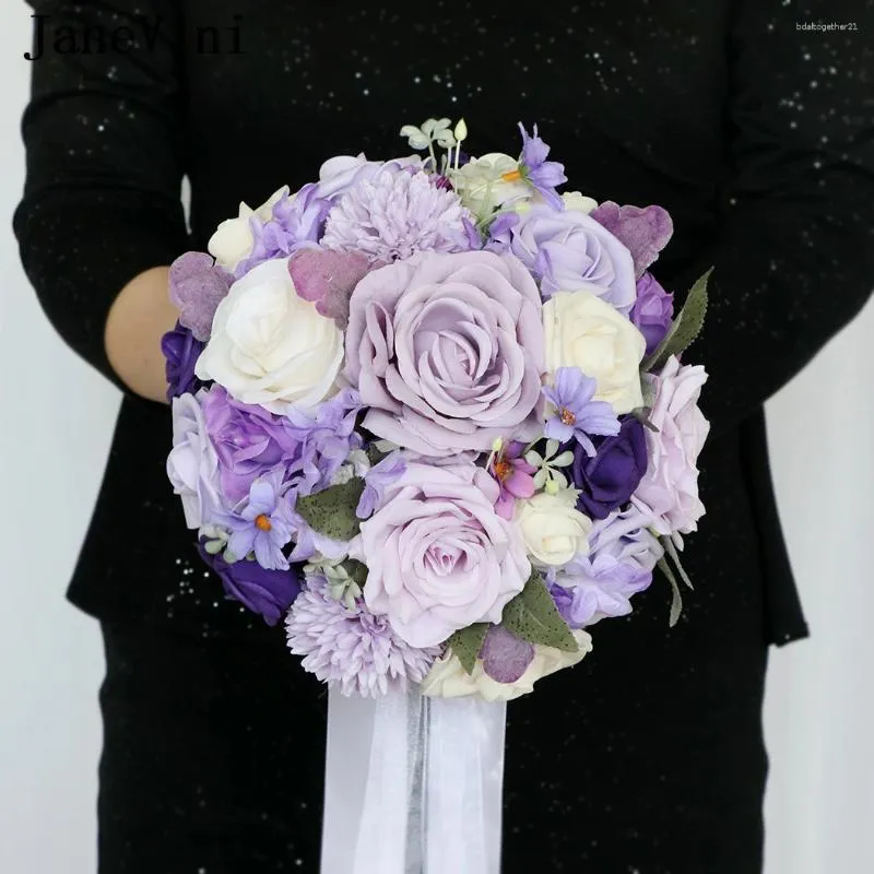 Fleurs de mariage Janevini Lilac Purple Bridal Flower Bouquet Artificial Silk Rose Bouquets Bride Decoration Cintas Para Ramos de Novia