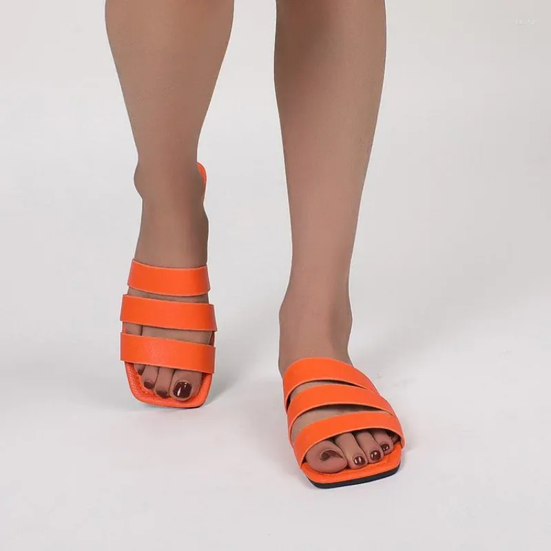 Kapcia przyczynowe kobieta podglądanie palców płaskie buty na zewnątrz slajdy letnie sandały płytkie nisko obcasowe pomarańczowe brązowe