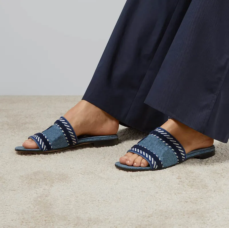 Designerinnen Frauen schieben Blue Denim Slides lässige Flachschuhe Sandalen mit gestickten Mules weben Luxus Sandale Summer Beach Leder Sohle neue Modeschuhe