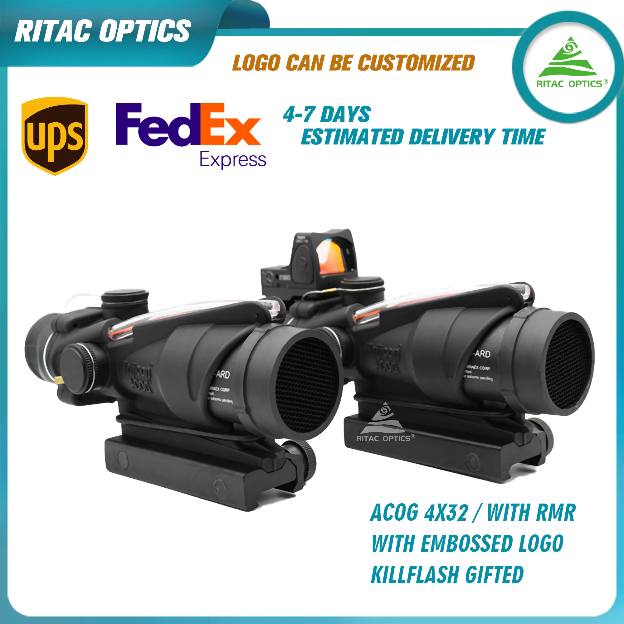 Trijicon ACOG 4x32 Fibre illuminé Red Chevron Portée avec logo en relief Killflash Hunting Riflescope