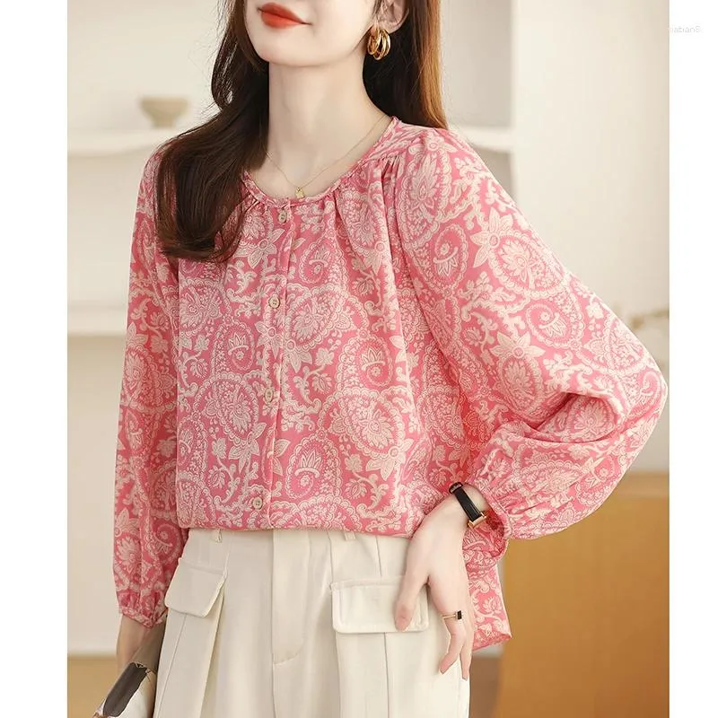 Frauenblusen rosa Blumenlaternenhemd für 2024 sommerliche koreanische süße lange Ärmel T-Shirt Top Female Kleidung