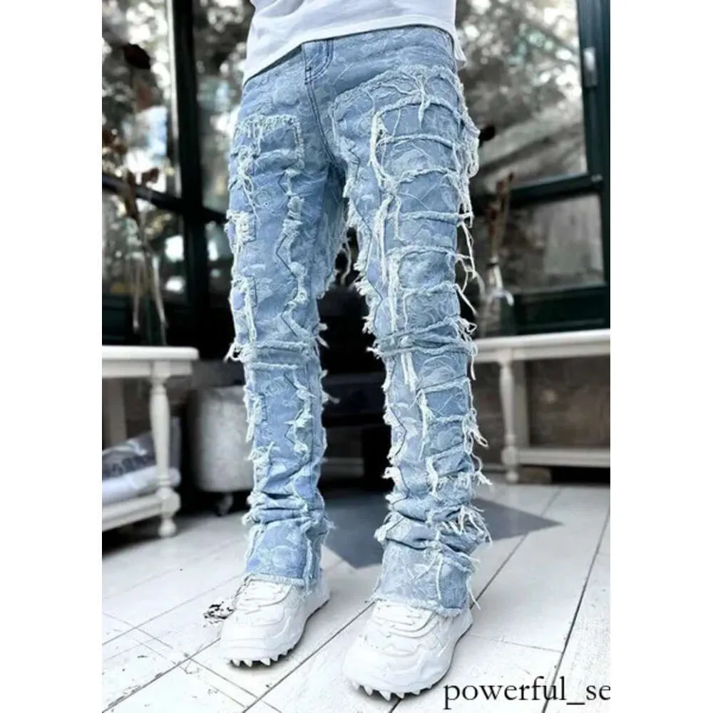 Tassels European und American Heavyweight Streetwise Stretch Patch Jeans für Männer High Street gerade Fit Long Jeans 7914