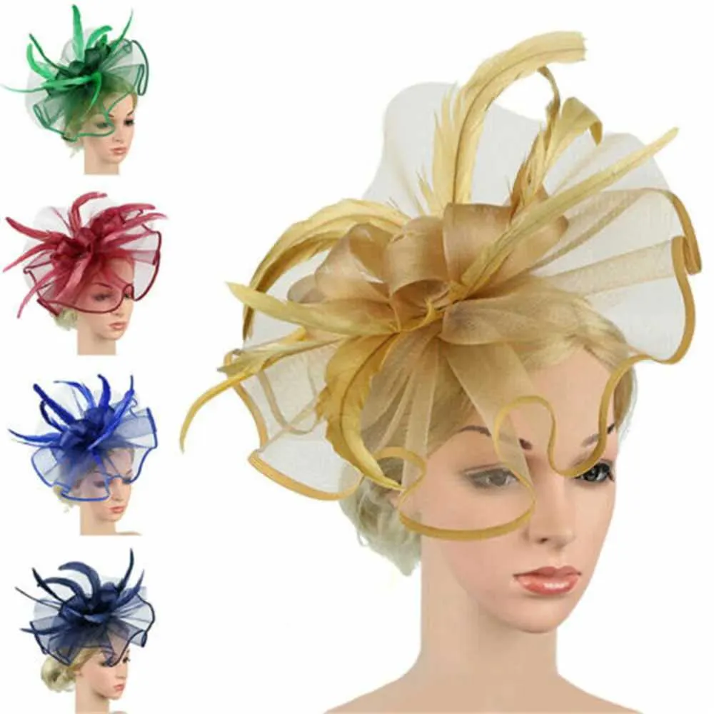 Breite Krempe Hüte Bucket Hats Top -Grade Frauen große Blumen Faszinator Haare Clip Federn Hochzeit Royal Ascot Race Accessoires Stirnbänder für Frauen Y240426