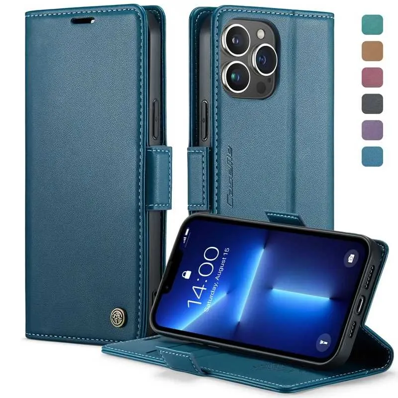 Caseme pu vanlig läder plånbok fodral för iPhone pro max för plus för xr för 11 12 13 14 xs max x plus iPhone -kreditkortslucka fickfocktelefon blip coverhållare kickstand påse