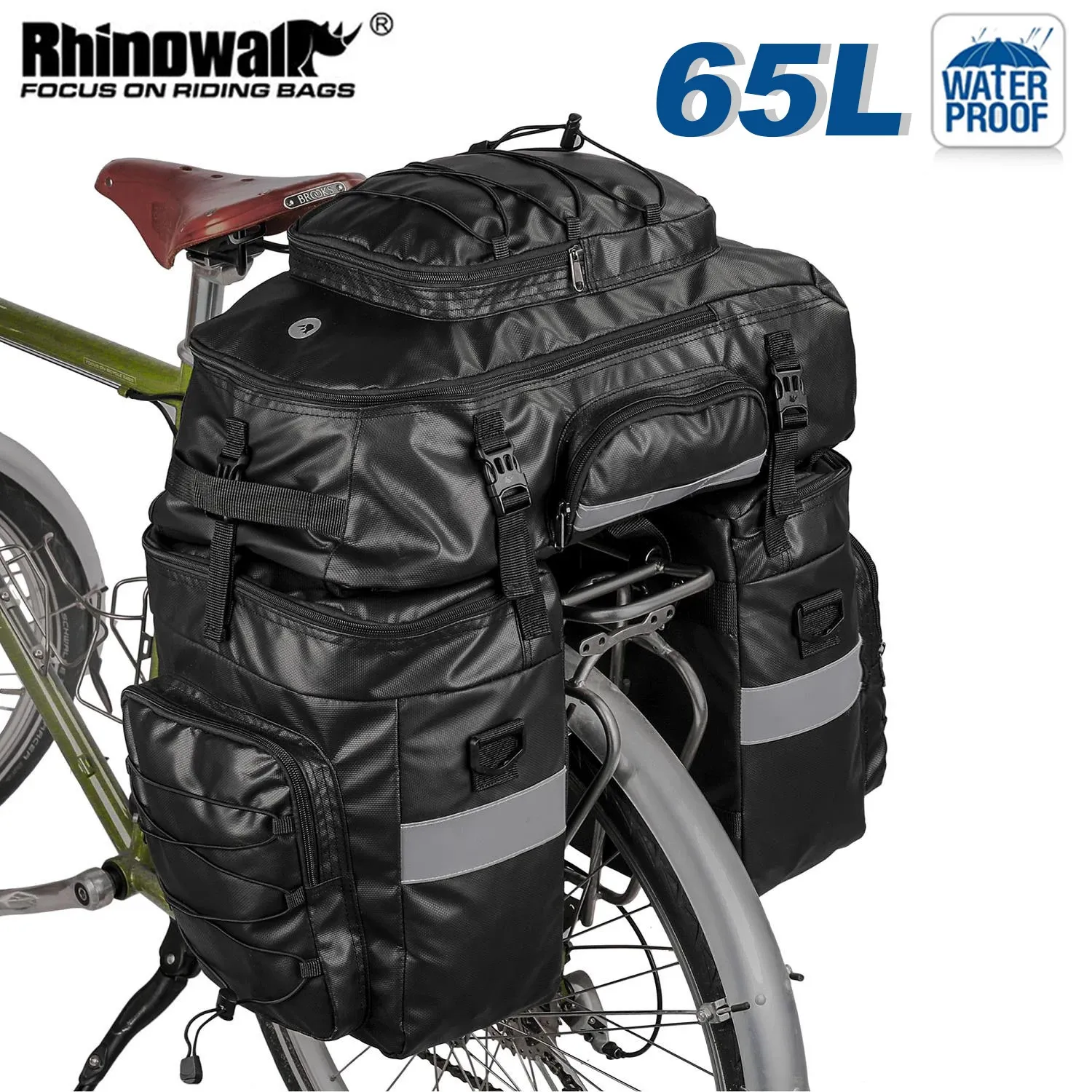 Rhinowalk 3 Worka rowerowa 3 IN1 65L Rowerowy rower tylny stojak na wąskowy torba wodoodporna cykl mtb podwójny bagaż boczny plecak 240418
