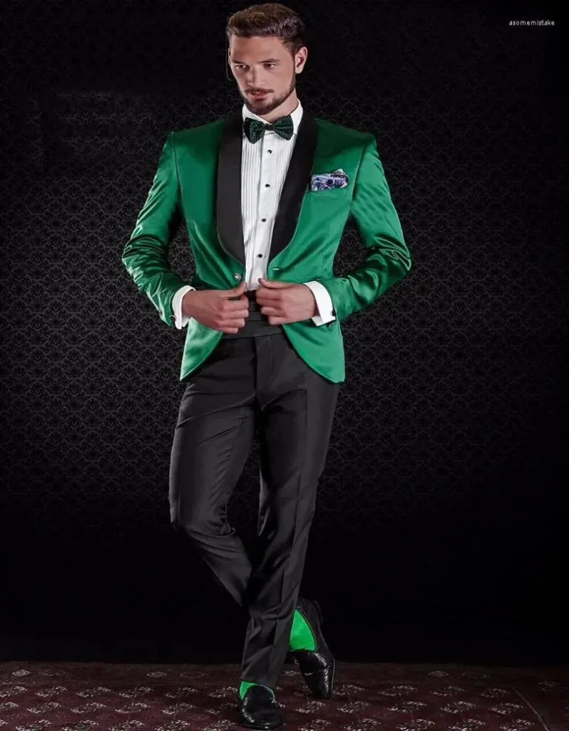Mäns kostymer av hög kvalitet italiensk stilig grön svart satin sjal lapel män passar prom elegant blazer anpassad smal fit 2 bit brudgum tuxedo