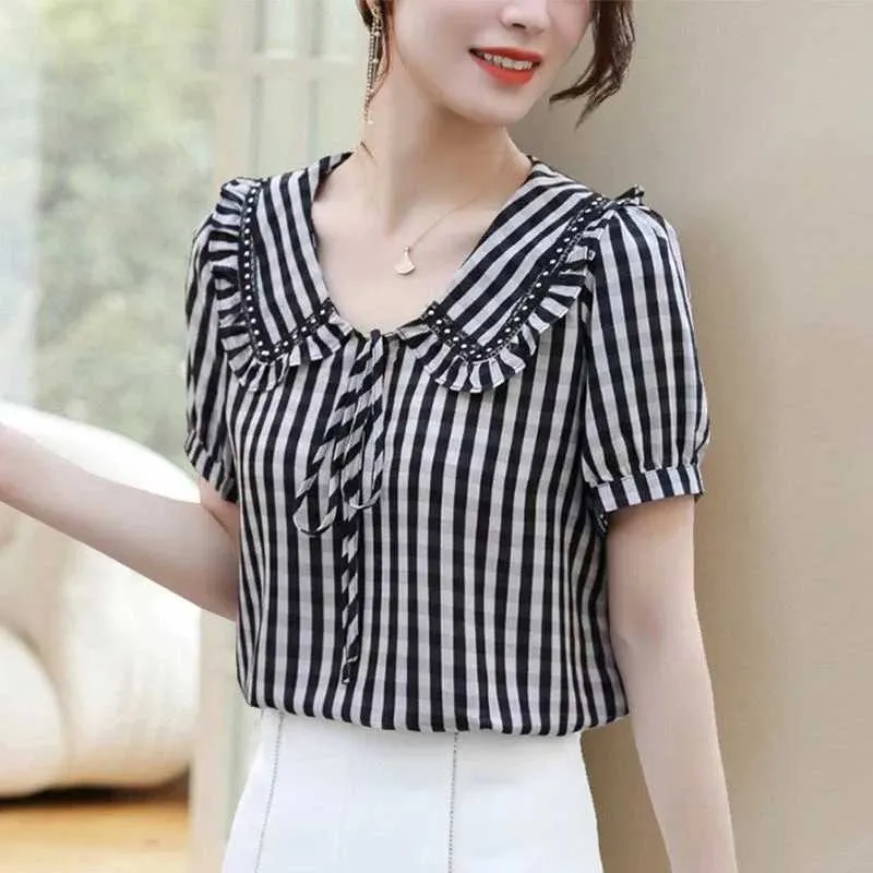 Women's Blouses Shirts Women Summer Style Striped Printed Blouses Shirts Lady Casual Short Puff Slve Peter Pan Collar Blusas Tops TT2536 Y240426