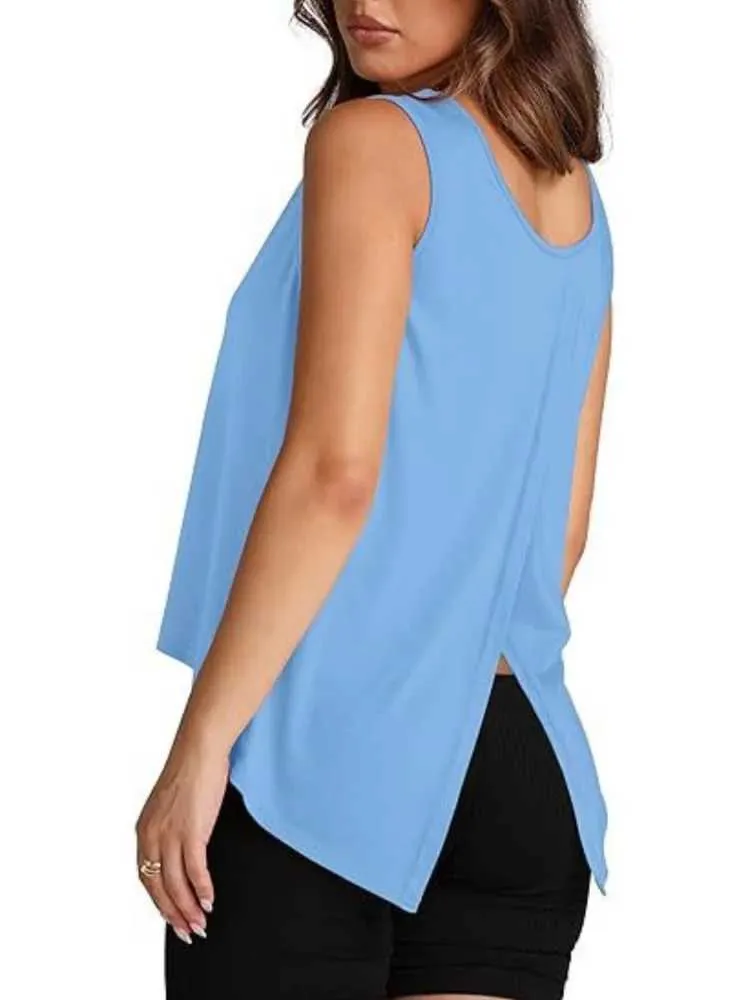 Women's Blouses Shirts Women Summer Y2K Style Blouses Shirts Lady Casual Slveless O-Neck Split Solid Color Crop Tank Tops Y240426