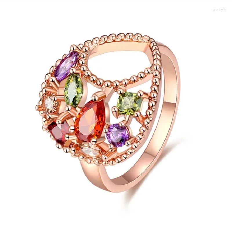 With Side Stones Luxury Fashion Gold Rose Colorful Flower Zircon Multi-Layer Engagement Rings Top Quality Jewelry Woman Wedding Part