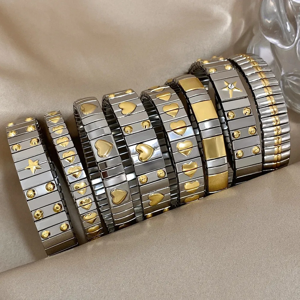 Винтажные из нержавеющей стали упругие коренастые браслеты для женщин мужски Golden Star Heart, регулируемые часовые бэнд, водонепроницаемые ювелирные изделия 240428