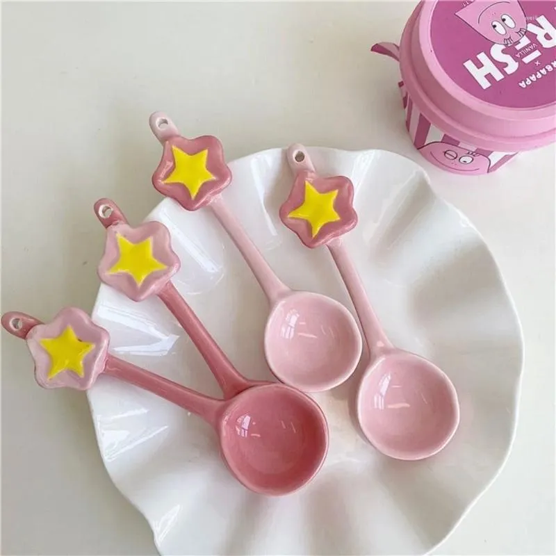 Łyżki gwiazdy Kształt deser łyżka urocze narzędzie kuchenne ceramiczne ręcznie rysowana ryż Różowa modna zupa