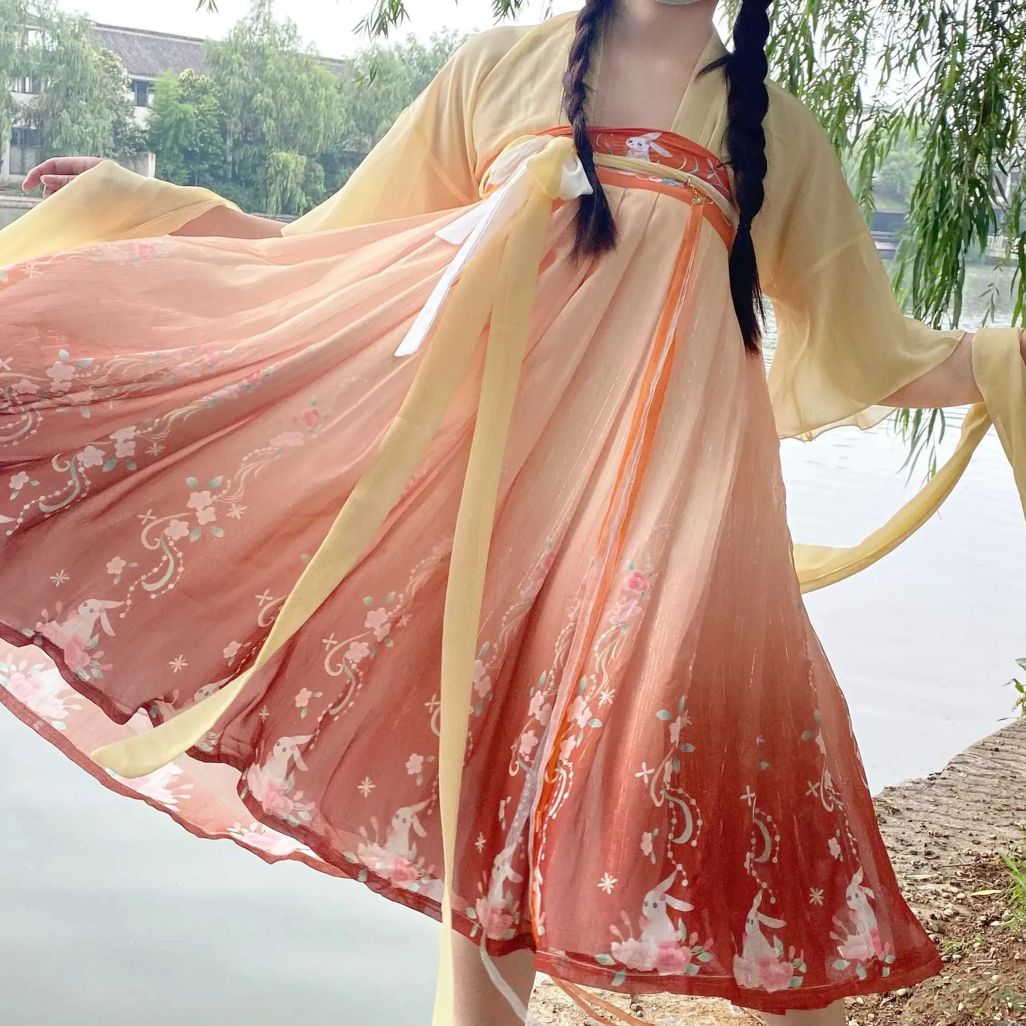 Etnische kleding vrouwen Hanfu konijn borduurwerk rood 3colors lolita kostuum lange mouw ruche schattige cottagecore stijl jurk gradiënt kleur zomer