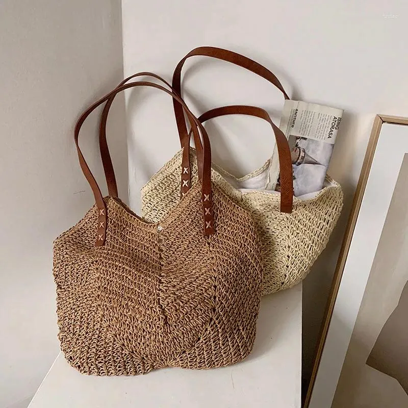 Drawstring Casual Large Capacity Straw Tote Bag Hollow Woven Women Shoulder Bags Summer Beach Lady Handbag Big Shopper Travel Sac 2024