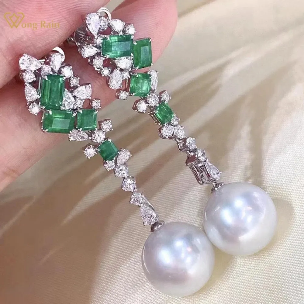 Wong Rain Vintage 925 Sterling Silver Natural Pearl Emerald High Carbon Diamond Stone Kolczyki Dostosowane biżuterię 240428