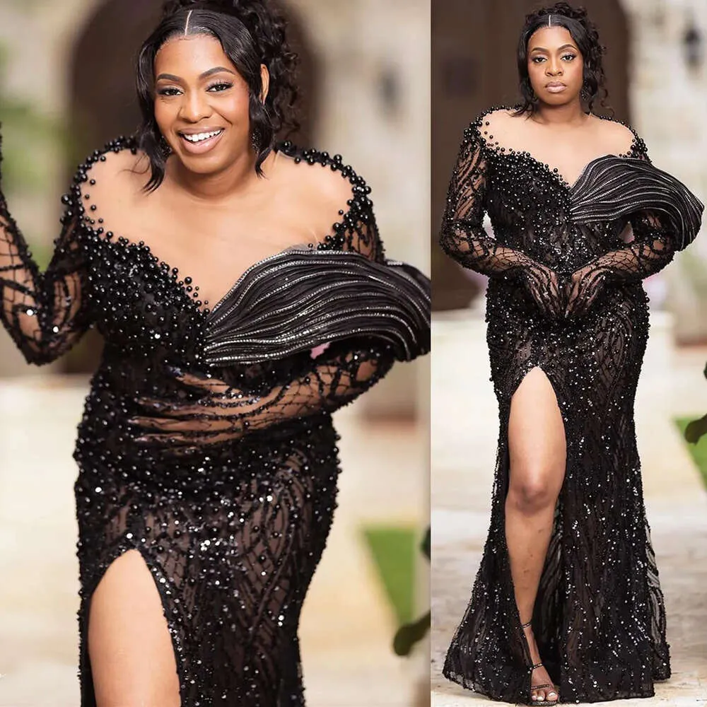 Black Mermaid Black sparkly prom dress with Pearls and Sequins - Perfect for Evening Formal Parties, Second Reception, 50th Birthday, and Engagement -