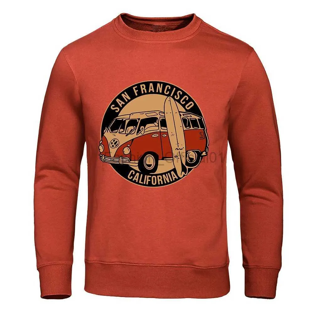 Herrtröjor tröjor San Francisco Kalifornien Vintage School Bus Sweatshirt Man Big Size Hooded Casual Autumn Fur-Liner Hoodies Fashion S-XXL TOPS D240429