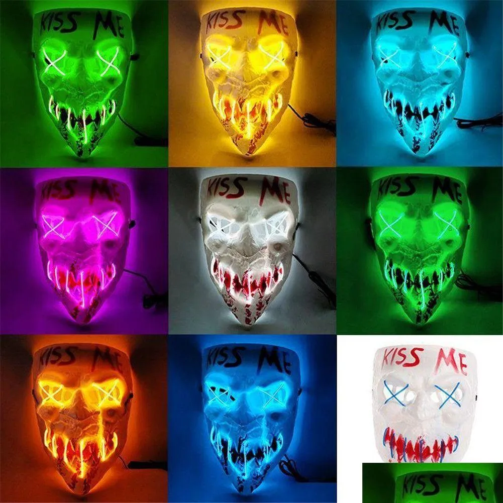 Masques de fête brillants Kiss Me Grie Face Mask Halloween Decorations Glow Cosplay Coser PVC LED LIGHTNING FEMMES MEN COSTUMES HOME DRIL DH61K