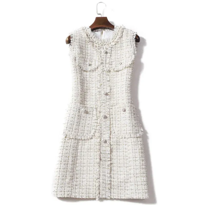 Runway Summer Small Fragrance Luxury Womens Tweed O Neck Sleeveless Dress Elegant Pearl Button Sweet Dresses Vestidos 240426