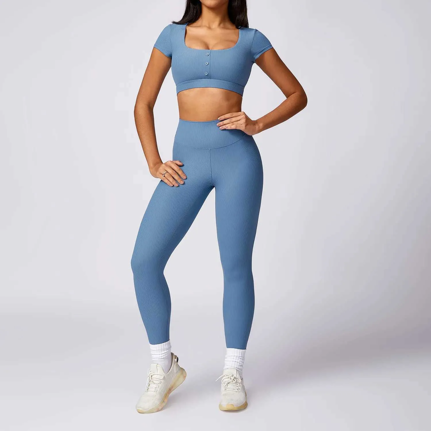 Women's Tracksuits Set 2PCS Ribbed Women Sportswear Workout Clothes Athletic Wear Gym Legging Fitness Bra Crop Top Short Slved Sports Suits Y240426