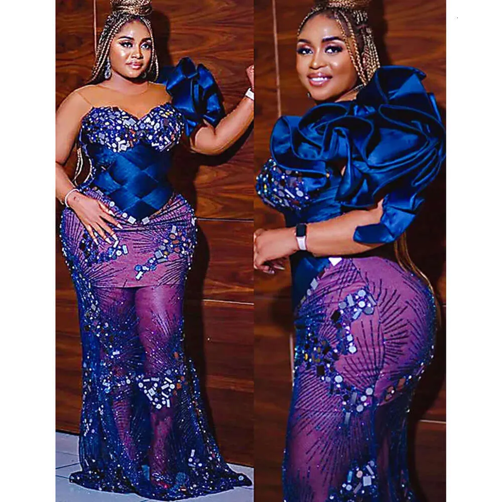 Taglia EBI Aso Plus Arabic Royal Blue Mermaid Prom vestiti da ballo lussuoso Cristalli di perline da sera Formale Secondo ricevimento Accogliente abito da fidanzamento di compleanno