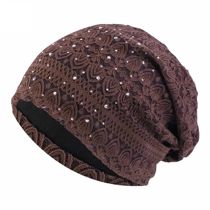 MSQE Beanie/Skull Caps Winterhoeden voor vrouwen Men Lace Rhinestone Ademende Turban Hat Winddichte warme pet Vrouwelijke mut