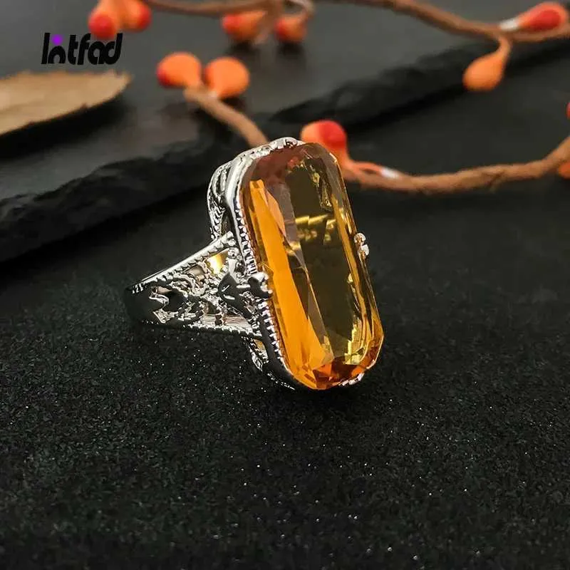 Band Rings Carved hollow design 10 * 20mm large lemon stone ring for mens 925 sterling silver ring luxurious and exquisite jewelry Q240427