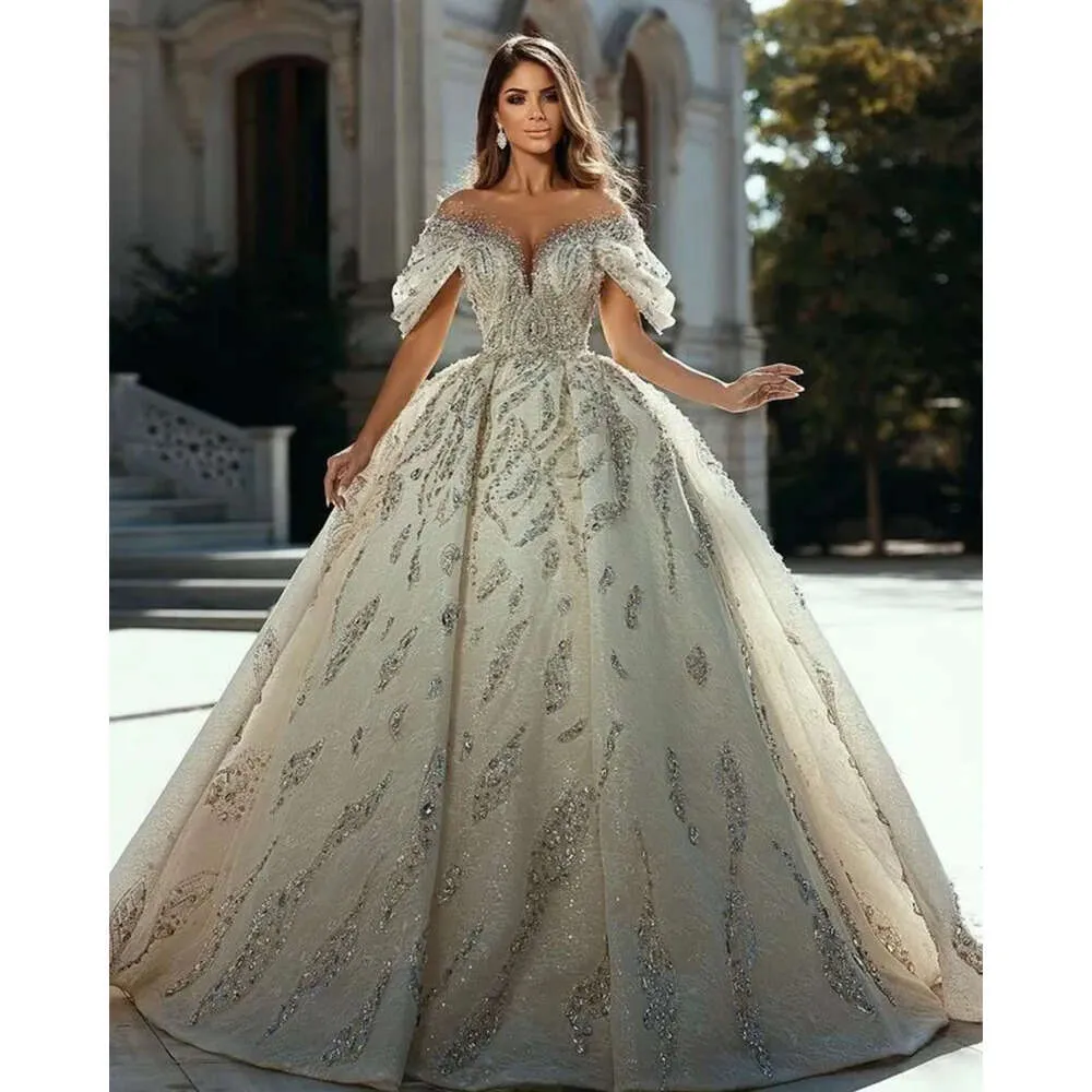 Arabic Ebi Aso Size Plus Luxurious Sparkly Sexy Wedding Dress Sheer Neck Beaded Crystals Bridal Gowns Dresses Zj Es