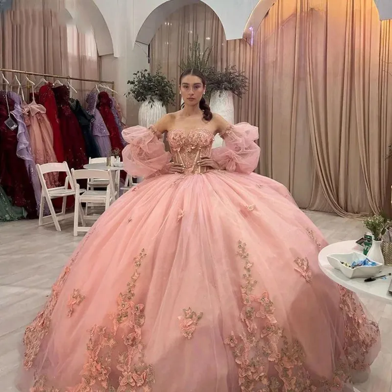 Розовый 2024 милая платье Quinceanera блестящее 3D Bow Tull с плечевого шарикового платья для невесты халат свадебные платья Vestidos 15 de novia