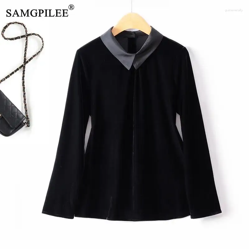 Women's Polos 2024 Autumn Turn Down Collar Back Buttoned Cardigan Korean Fashion Top Women Long Sleeve Black Slim Luxury Female T-shirts