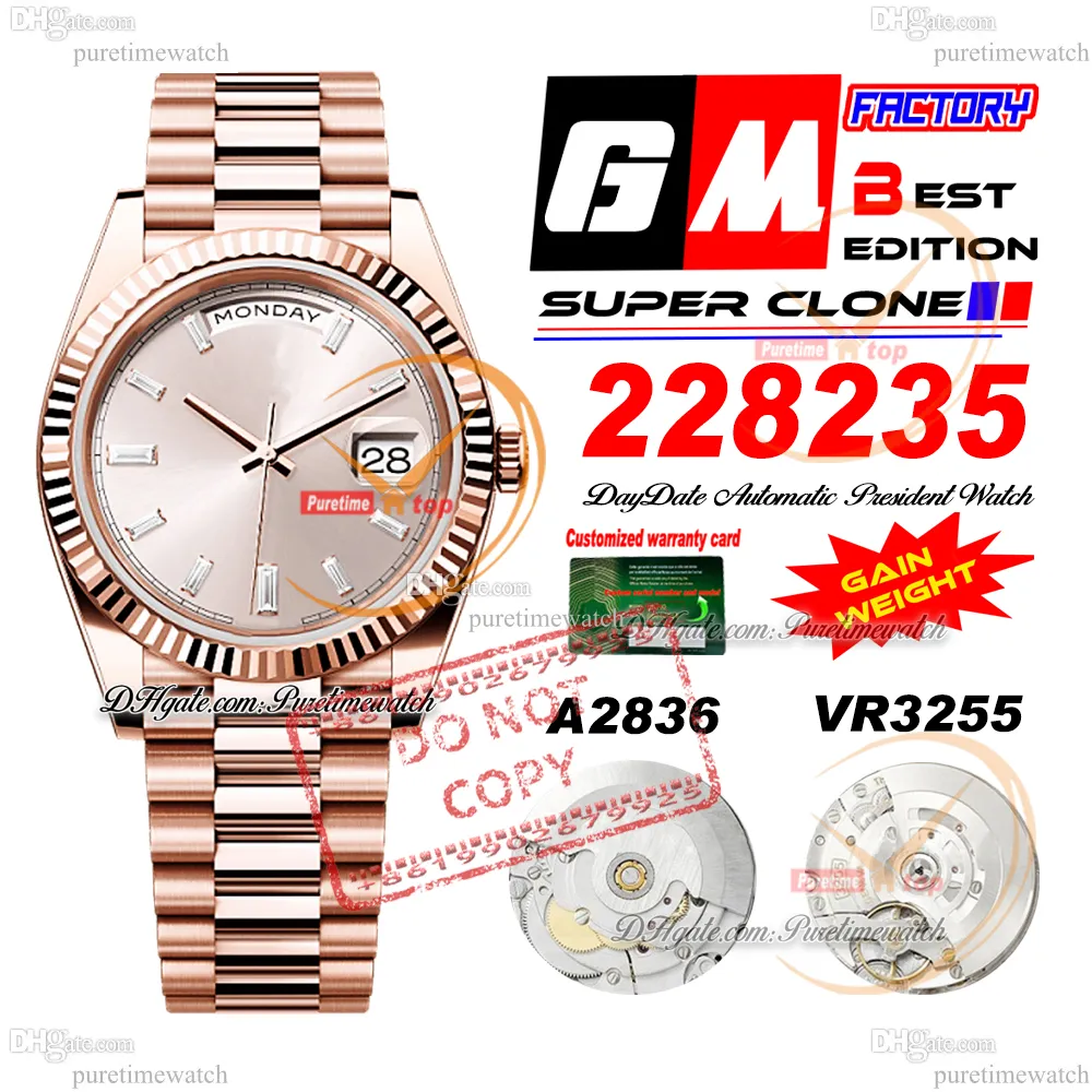 228235 Día A2836 VR3255 Reloj automático de hombres GMF V3 Rose Gold Diamond Dial Dial 904L Presidente de acero Bracelet Super Edition misma Tarjeta 2024 Peso de peso Purando