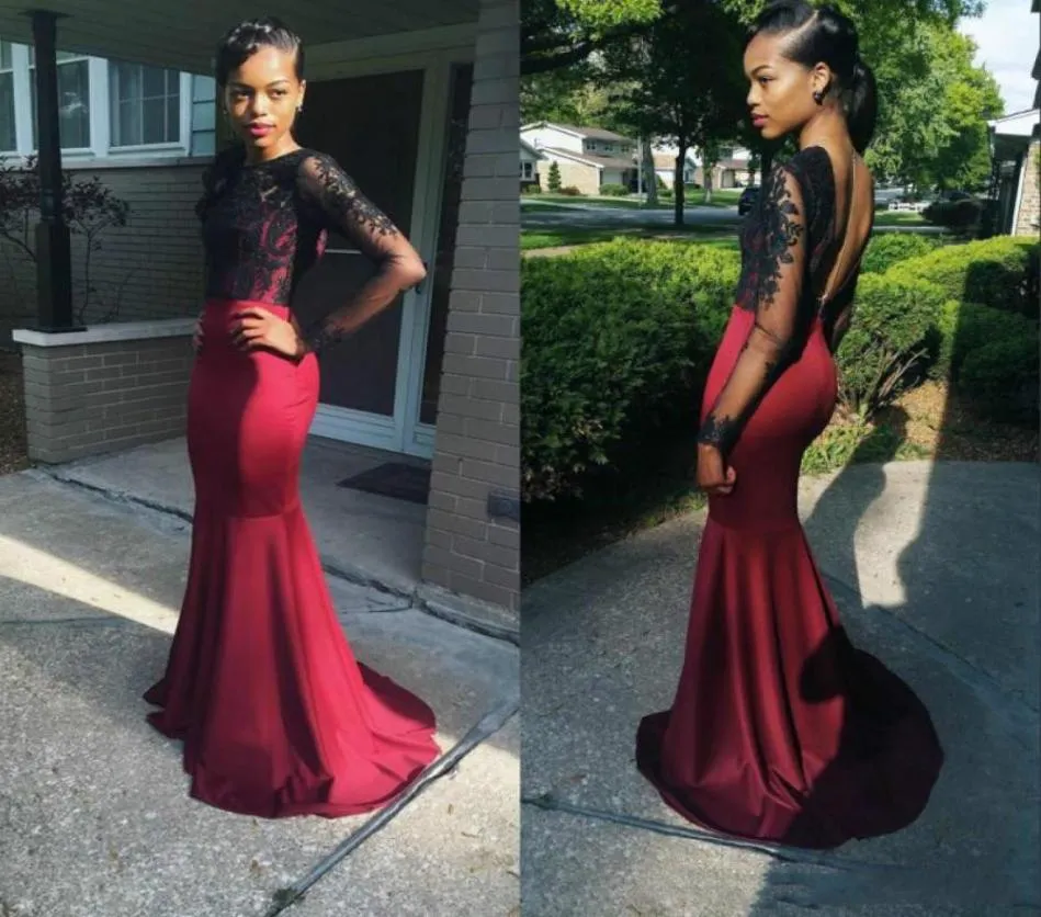 Beautiful Long Sleeve Nigerian Lace Mermaid Prom Dresses Sheer Backless African Cheap Party Formal Evening Formal Gowns Robe De So7609869