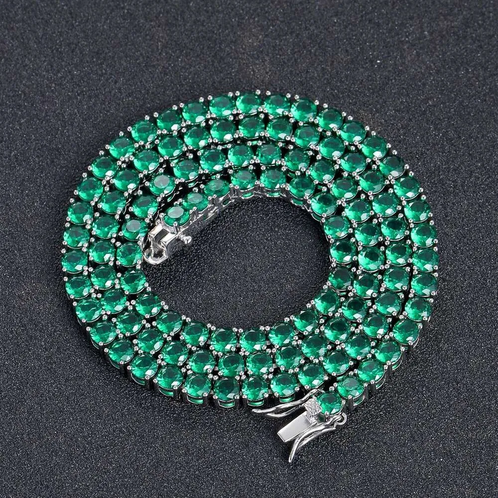 Colares pendentes Cadeia de tênis de hip-hop de 4 mm de 4 mm de zircão verde real eletroplacado de hiphop moda personalidade versátil colar de casal versátil