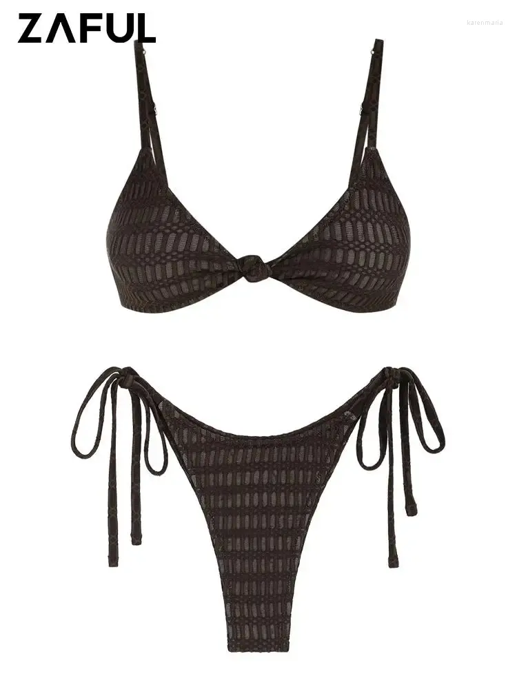 Women's Swimwear ZAFUL Sexy V Neck Swimsuit Lace Textured Knot Spaghetti Strap Tie Side Tanga String Bikini Set Two Piece Beach
